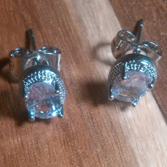 Simulated Blue and White Diamond Silvertone Brass Stud Earrings - Picture 5 of 13